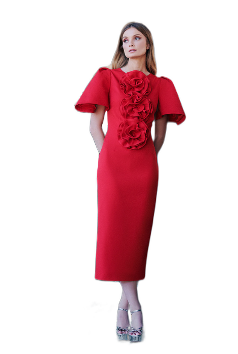 VESTIDO ROJO MIDI MANGA CAMPANA NURIBEL