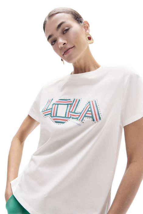 CAMISETA BLANCA BANDAS TEJIDO Y CRISTALES LOLA CASADEMUNT