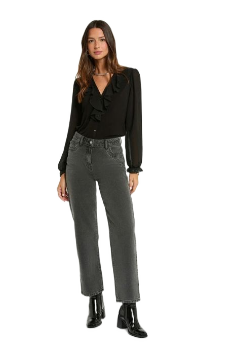 BLUSA GASA NEGRA CON VOLANTE MORGAN DE TOI